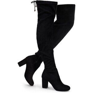 Women's Black Suede Chunky Heels Zipper Over The Knee High Adjustable Boots